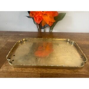 Vintage Engraved Brass Tray Japanese Scene Floral Etched Vanity Catchall Decor